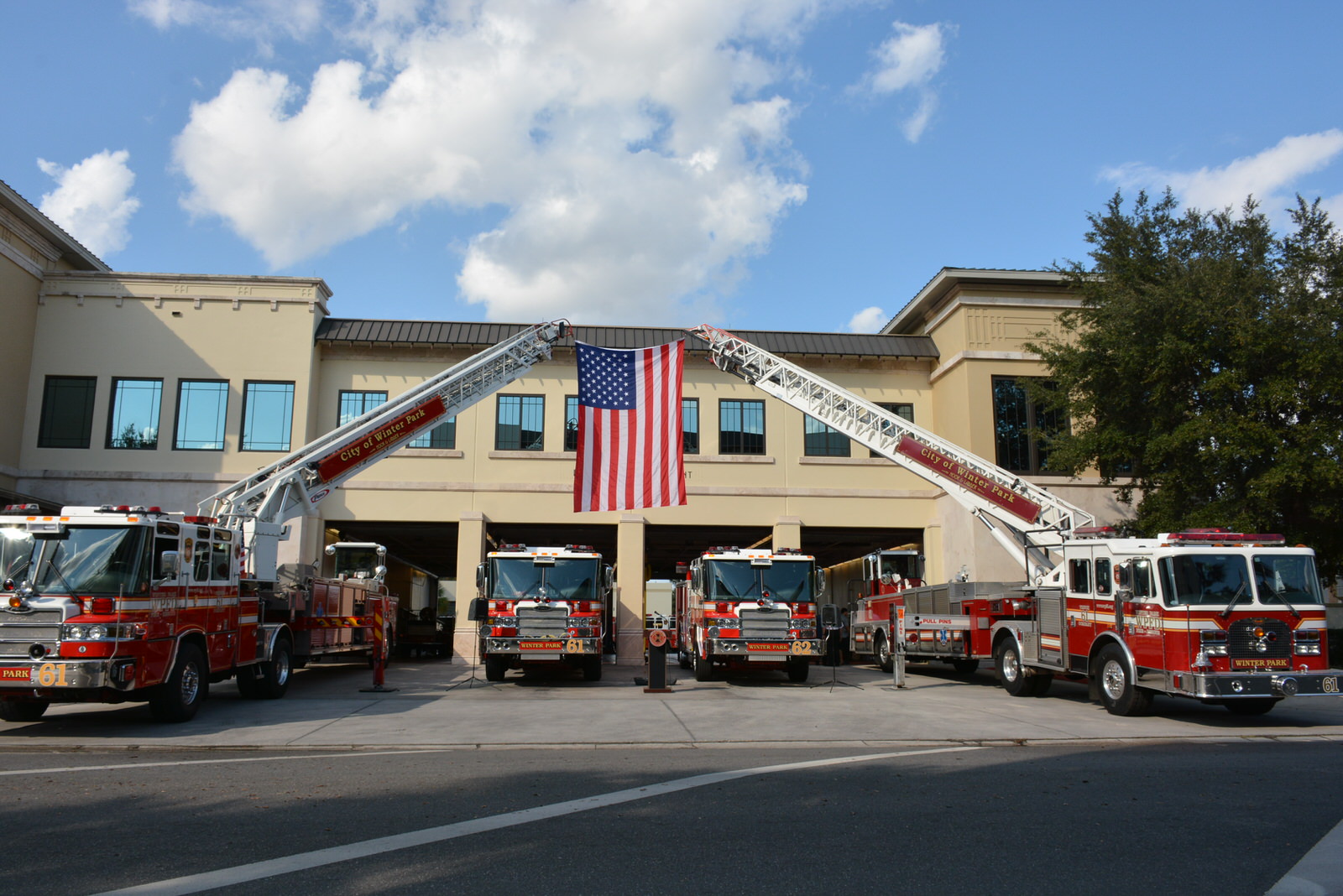 Firetrucks lined up outside the Winter Park Fire-Rescue station.