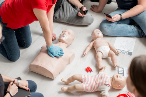 Several people sitting on the floor practicing CPR on training dummies