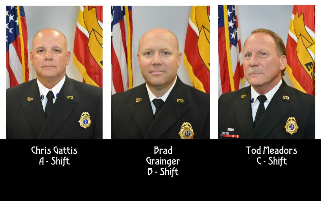 EMS Captains Tod Meadors A - Shift, Brad Grainger B - Shift, and Chris Gattis C - Shift Class A head shots.