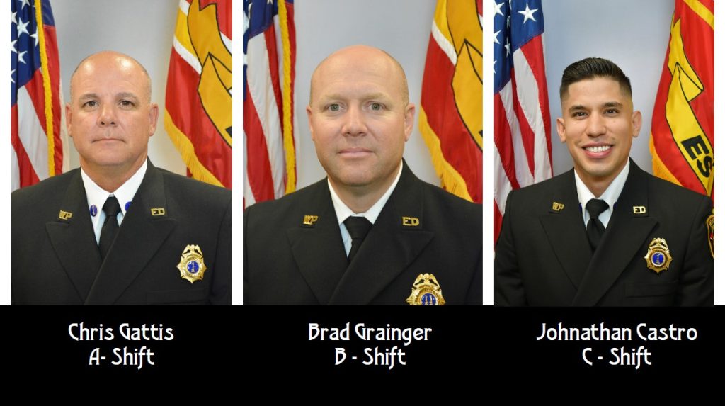 EMS Captains Chris Gattis A - Shift Meadors A - Shift, Brad Grainger B - Shift, and Johnathan Castro C - Shift Class A head shots.